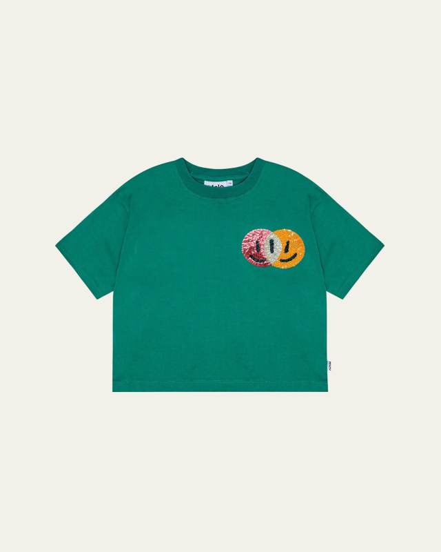 Girl's Reinette Sequin Happy Face T-Shirt, Size 8-12